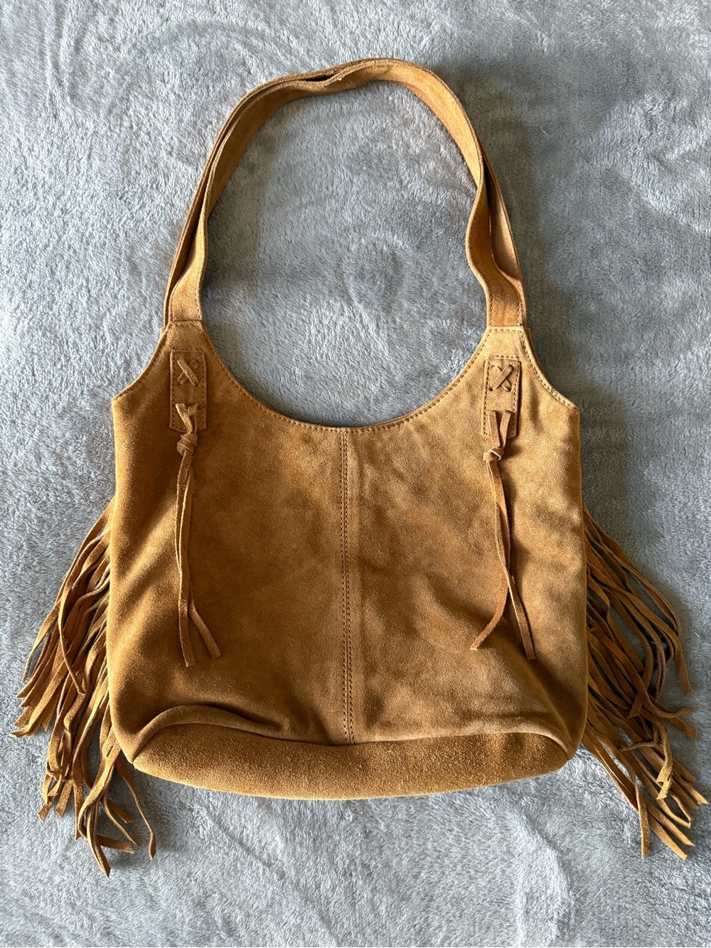 Women’s Genuine Suede Fringe Shoulder Bag in Camel